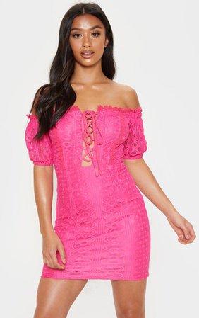 Petite Hot Pink Bardot Lace Detail Bodycon Dress | PrettyLittleThing