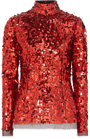 Sequined Tulle Top - Red