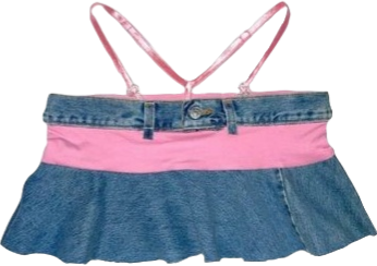 denim and pink miniskirt with thong straps
