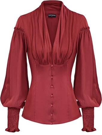 Scarlet Darkness Women Victorian Blouse Casual Puff Sleeve Button Down Shirt 79-Red XL at Amazon Women’s Clothing store
