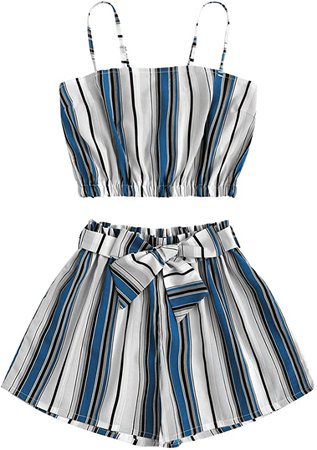 SweatyRocks Women's 2 Piece Outfits Boho Striped Sleeveless Crop Cami Top with Shorts