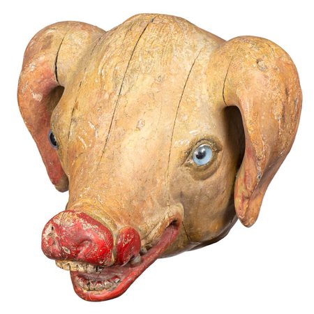 A Carved and Painted Wood Pig’s Head Butcher Sign with Glass Eyes, 1900s