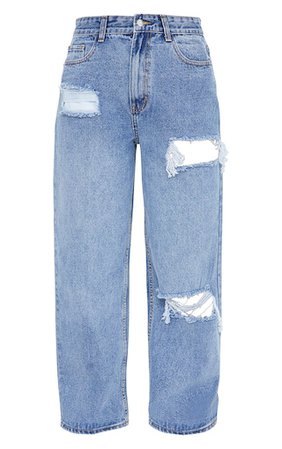 Mid Blue Wash Distressed Knee Rip Boyfriend Jeans | PrettyLittleThing USA