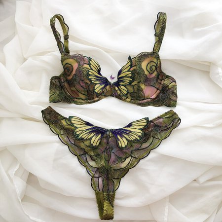 Vintage French Embroidered Watercolor Butterfly Lingerie Set (36B/36C) — sororité.