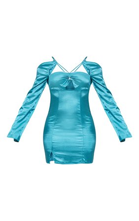 Teal Strap Shoulder Split Sleeve Cut Out Satin Bodycon Dress | PrettyLittleThing USA