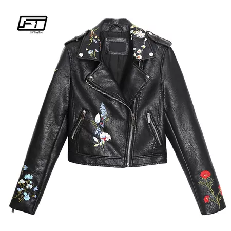 leather jacket with flower embroidery