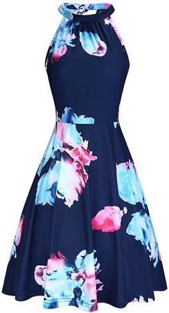 OUGES Women's Halter Neck Floral Summer Casual Sundress(Floral-3, M) at Amazon Women’s Clothing store