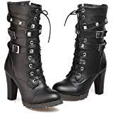 Amazon.com | Mostrin Women Motorcycle High Heels Punk Buckle Rivet Strap Combat Military Mid Calf Boots | Mid-Calf