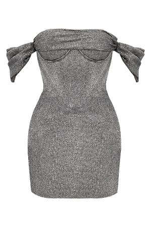 Clothing : Mini Dresses : 'Ophelia' Silver Off Shoulder Corset Mini Dress