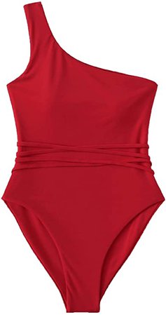 SweatyRocks Women's Bathing Suits Tie Knot One Shoulder One Piece Swimsuits Monokini Burgundy Medium at Amazon Women’s Clothing store