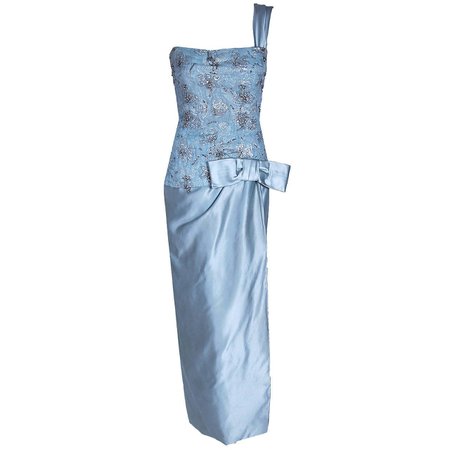 1950's Maggy Rouff Haute-Couture Blue Beaded Metallic Silk One-Shoulder Gown For Sale at 1stdibs