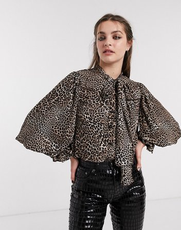 Sister Jane blouse with cameo brooch and volume sleeves in leopard print | ASOS