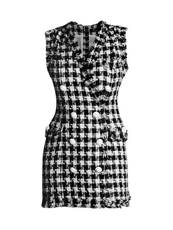 Balmain Gingham Tweed Sleeveless 8-Button Dress
