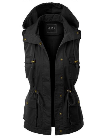 Drawstring Waist Hoodie Military Anorak Vest with Pockets | LE3NO black