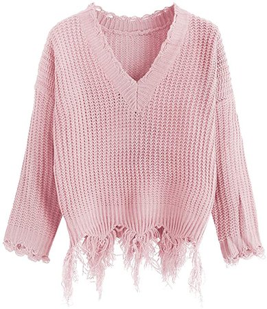 ZAFUL Women's Solid V Neck Loose Sweater Long Sleeve Ripped Jumper Pullover Knitted Crop Top (Purple(Fit US Size:4-8)) at Amazon Women’s Clothing store