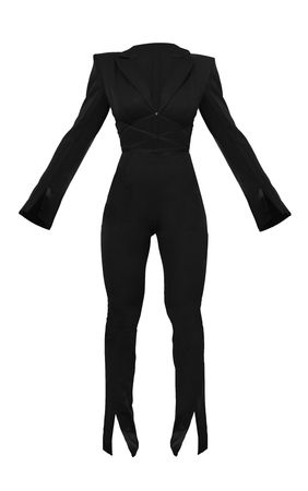 Black Split Hem Tie Waist Cut Out Blazer Jumpsuit | PrettyLittleThing USA