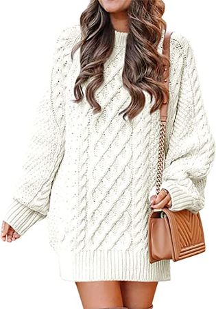ANRABESS Women Crewneck Long Sleeve Oversized Cable Knit Chunky Pullover Short Sweater Dresses at Amazon Women’s Clothing store