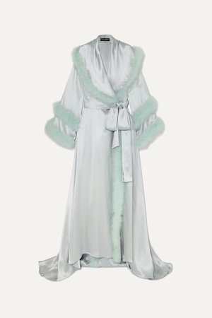 Blue Oversized feather-trimmed silk-satin robe | Dolce & Gabbana | NET-A-PORTER