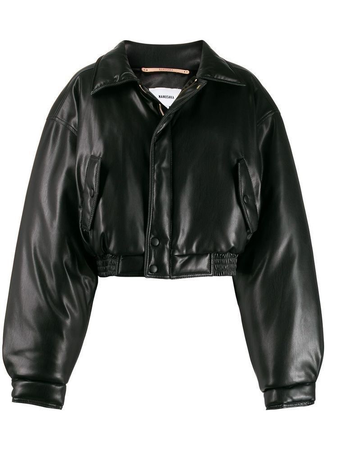 cropped leather bomber jacket black