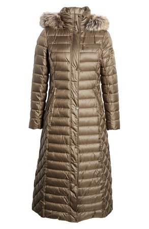Gallery Long Packable Quilted Hooded Parka with Faux Fur Trim silver sage