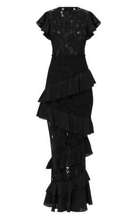 Black Lace Ruffle Detail Maxi Dress. Dresses | PrettyLittleThing AUS