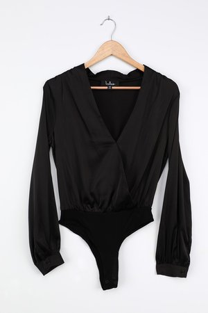 Black Satin Blouse - Long Sleeve Bodysuit - Surplice Bodysuit - Lulus