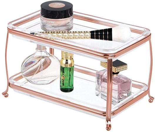 mDesign Decorative Makeup Storage Organizer Vanity Tray for Bathroom Counter Tops, 2 Levels to Hold Makeup Brushes, Eyeshadow Palettes, Lipstick, Perfume and Jewelry - Rose Gold/Clear: Amazon.ca: Home & Kitchen