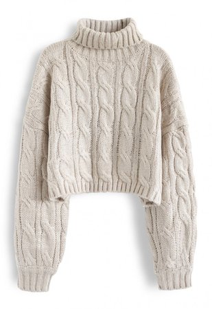 Turtleneck Braid Knit Crop Sweater in Sand - TOPS - Retro, Indie and Unique Fashion