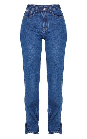 Dark Blue Split Hem Washed Straight Leg Jeans | PrettyLittleThing CA