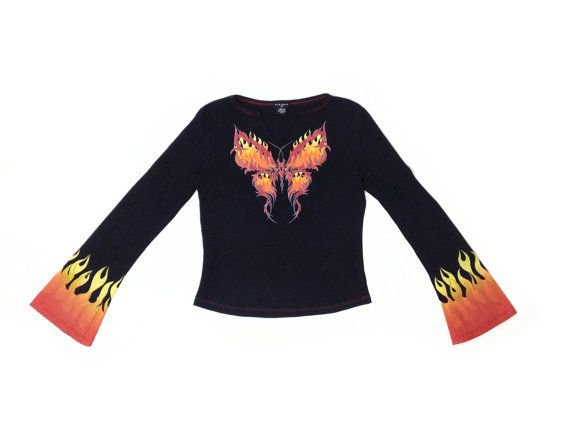 90's Tribal Cyber Flame Butterfly Sleeve Long Sleeve Top // M by FeelingVagueVintage