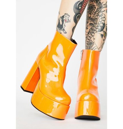 Current Mood Orange Patent Platform Ankle Boots | Dolls Kill