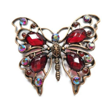 Vintage Butterfly Rhinestone Brooch Pin Copper Tone Red Large - Pins, Brooches