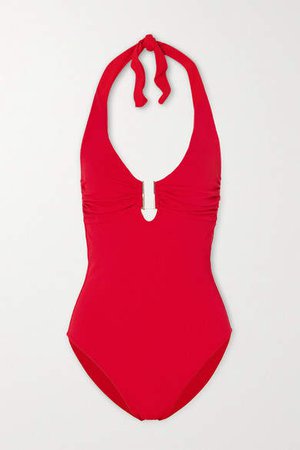 Tampa Embellished Stretch-pique Halterneck Swimsuit - Red