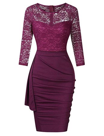 HiQueen Womens Elegant Lace Long Sleeve Ruched Bodycon Midi Dress Purple XL at Amazon Women’s Clothing store: