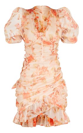 PLT Peach Floral Chiffon Binding Bodycon Dress