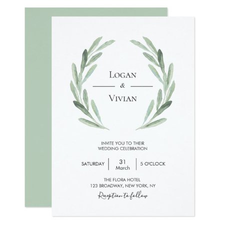 Elegant Watercolor Olive Leaf Wreath Green Wedding Invitation | Zazzle.com