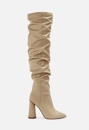 Nude Faux Leather Block Heel Over Knee Boots | Missguided