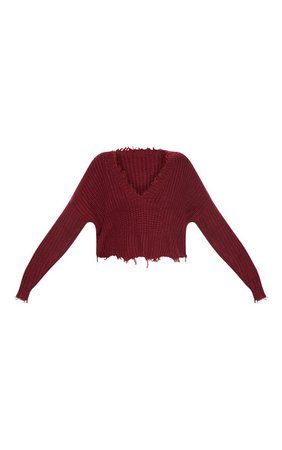 Burgundy Fringe Hem Knitted Jumper | PrettyLittleThing
