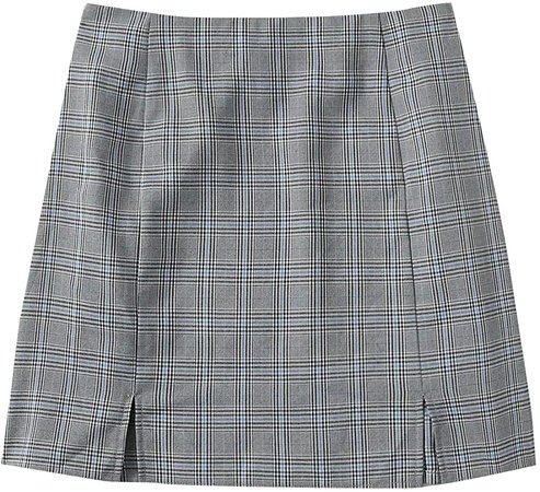 WDIRARA Women's Basic High Waist Split Hem Bodycon Mini Plaid Uniform Skirt Grey