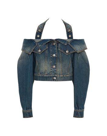 Alexander McQueen | Off-the-Shoulder Denim Jacket in Washed Blue 1 (Dei5 edit)