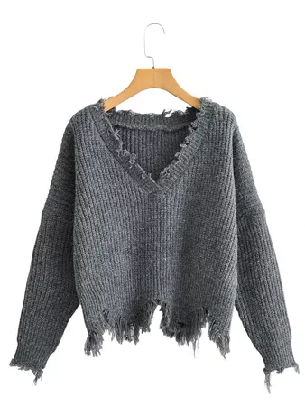 Frayed Trim Drop Shoulder V-neck Sweater | SHEIN USA grey