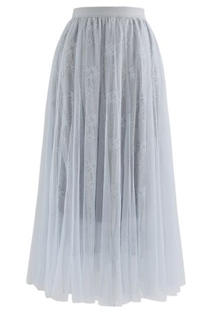 Sunflower Lace Mesh Tulle Midi Skirt in Dusty Blue - Retro, Indie and Unique Fashion