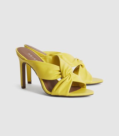 Ella Yellow Leather Twist Front Heeled Mules – REISS