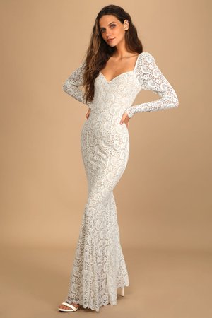 To Always Love White Lace Long Sleeve Mermaid Maxi Dress Lulus