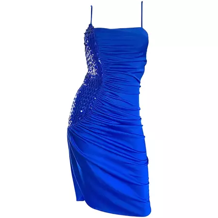 1980s Samir Royal Blue Jersey + Sequins Sexy Slinky Vintage 80s Disco Dress For Sale at 1stDibs | blue 80s dress, 80s dress
