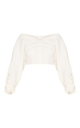 Cream Ribbed Ruched Sleeve Sweater
