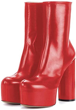 (Red Leather) FSJ Women Gorgeous Platform Ankle Boots Closed Round Toe Chunky High Heel Pull On Shoes Size 4 Black | Ankle & Bootie
