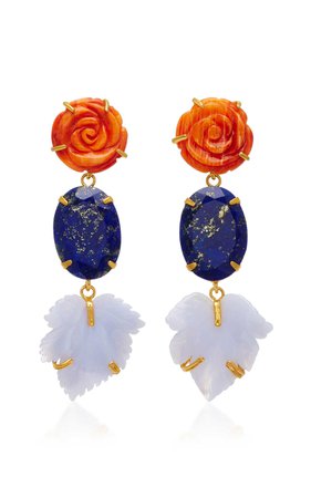 14K Gold-Plated Brass, Carved Red Oyster Shell, Lapis, Blue Lace Agate Earrings by Bounkit | Moda Operandi
