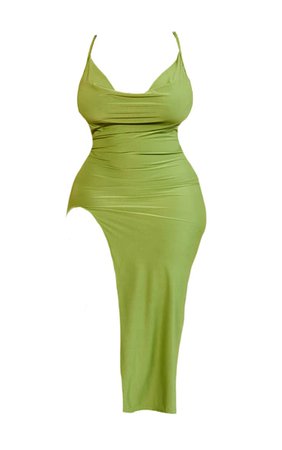 Plus Olive Slinky Cowl Side Split Midi Dress | PrettyLittleThing USA