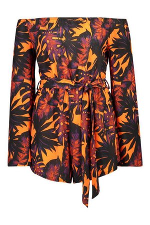 Tall Palm Print Off The Shoulder Playsuit | Boohoo